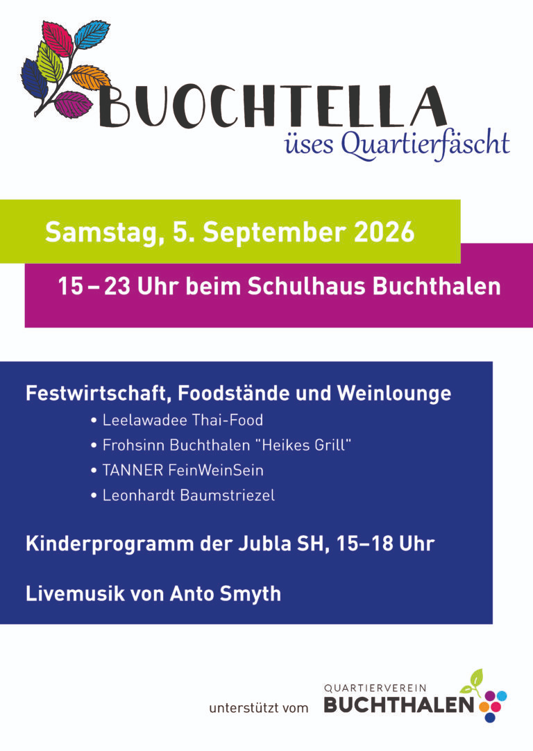 Buchtella Quartierfäscht am Samstag, 5. September 2026, von 15 bis 23 Uhr beim Schulhaus Buchtalen